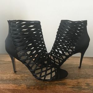 NWOT Black Caged Heels with Zipper Back